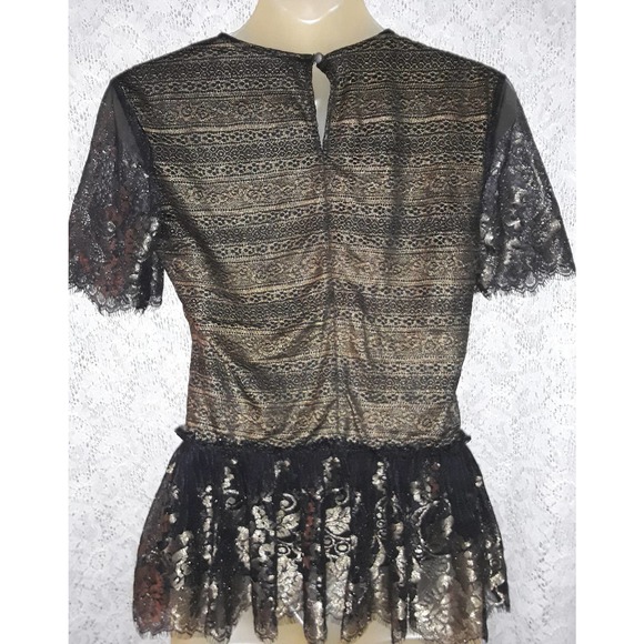 MARCHESA Sz 4 Black & Gold Metallic Ruffled Peplum Top - Picture 4 of 9